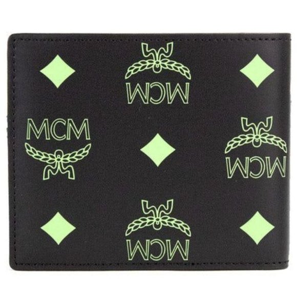 NEW MCM Small Black Green Smooth Visetos Monogram Logo Leather Bifold Wallet - Picture 3 of 8